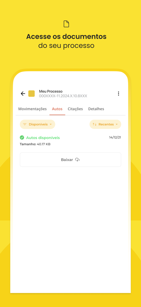 Consultar Processo - Escavador - Una pantalla de smartphone de la aplicación Escavador que muestra una lista de documentos judiciales disponibles para descargar.