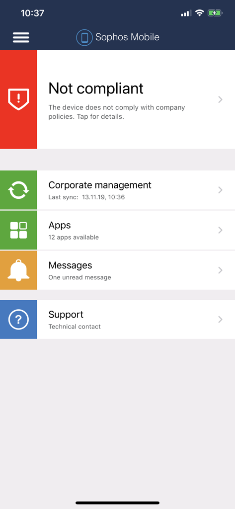 Sophos Mobile Control - The main dashboard of the Sophos Mobile Control app showing a non compliant device status and enterprise management options