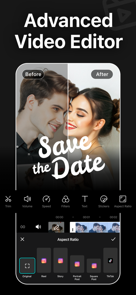 Blur Video - AI Blur Maker - Advanced video editor interface displaying aspect ratio presets for social media platforms like TikTok and Instagram
