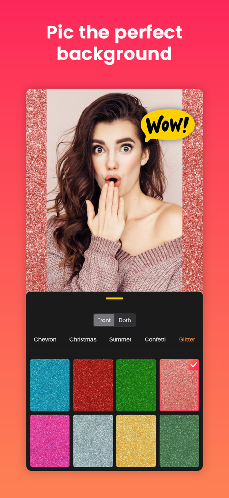 Quick Edit: Video，Photo Editor - A mobile screen showing a portrait photo with a glitter background and various color options in the Quick Edit app.