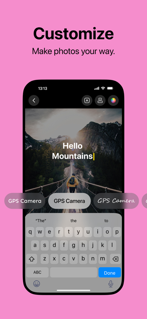 Geo Timestamp : GPS Map Camera - Smartphone interface showing font and text customization options on a GPS tagged photo of mountains