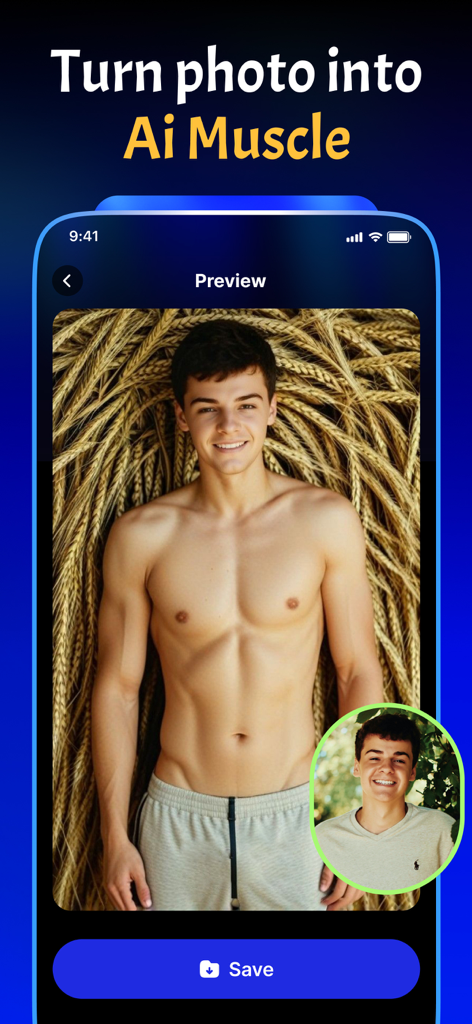 AI Video Creator - MagicVid.AI - AI app interface showing a photo of a man transformed into a muscular physique