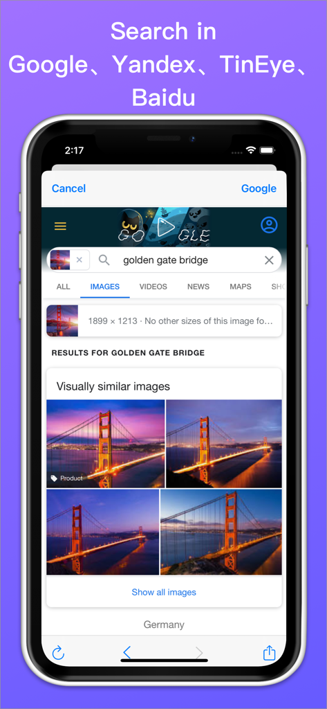 Power Reverse Image Search - Una interfaz de aplicación móvil que muestra resultados de búsqueda inversa de imágenes del Puente Golden Gate utilizando Google, Yandex y TinEye.