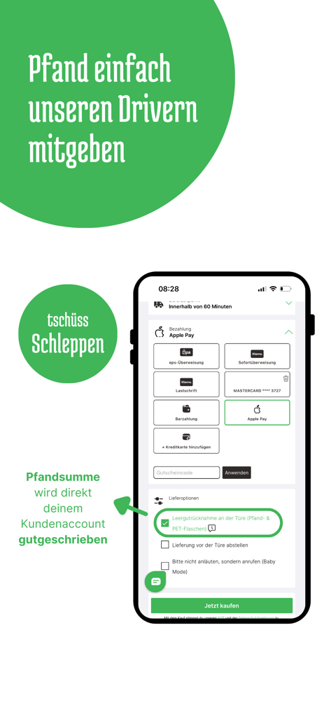 Alfies - Alfies Lebensmittel-App-Kassenseite mit Zahlungsmethoden und Auswahl des Flaschenrückgabe-Services