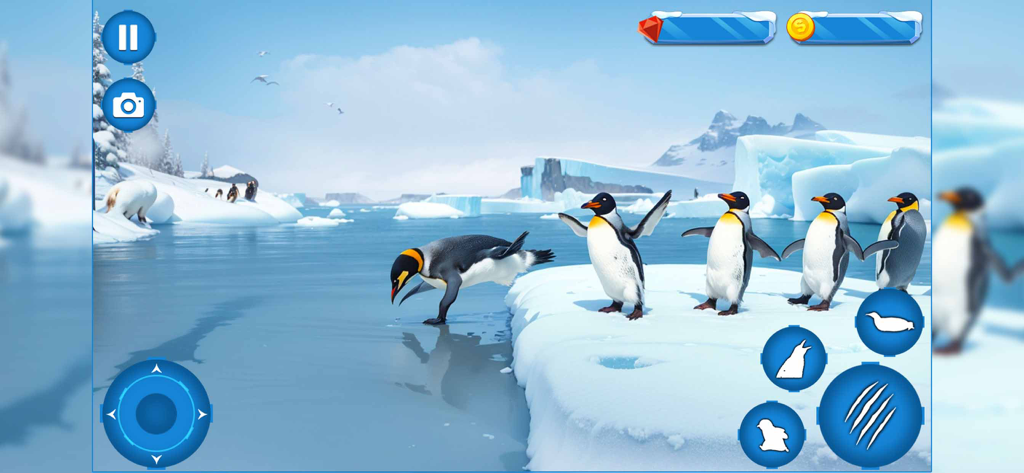 Penguin Family Simulator Game - Emperor penguins on an ice floe in an Antarctic simulator game with mobile UI controls