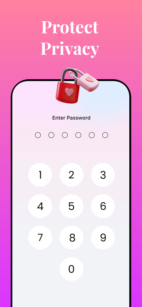 My Love ~ Relationship Tracker - Privacy lock screen with a numeric passcode entry and heart-shaped locks in the My Love app