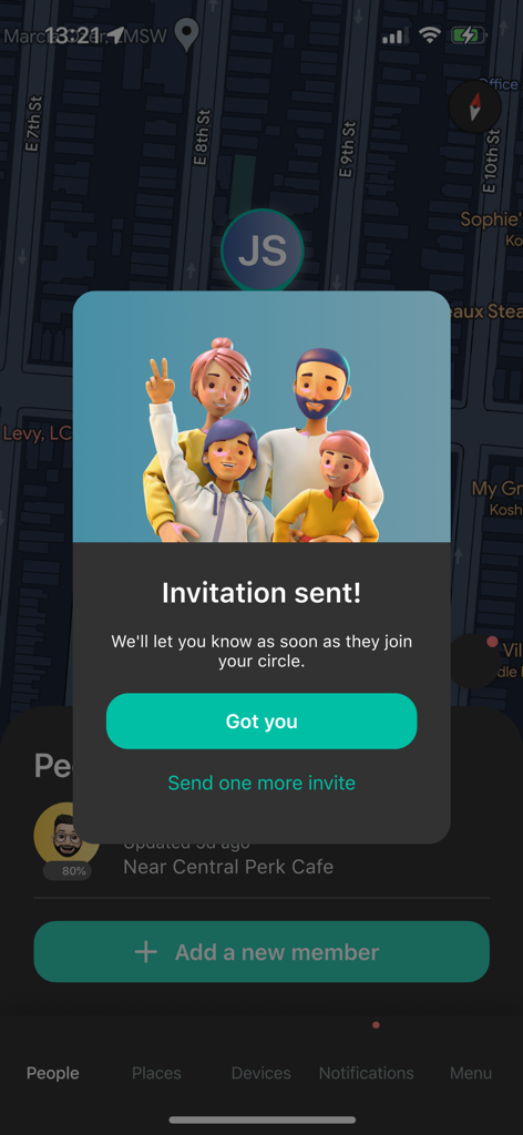 A confirmation popup in the GeoZilla app showing a family illustration and an invitation sent message for a family circle.