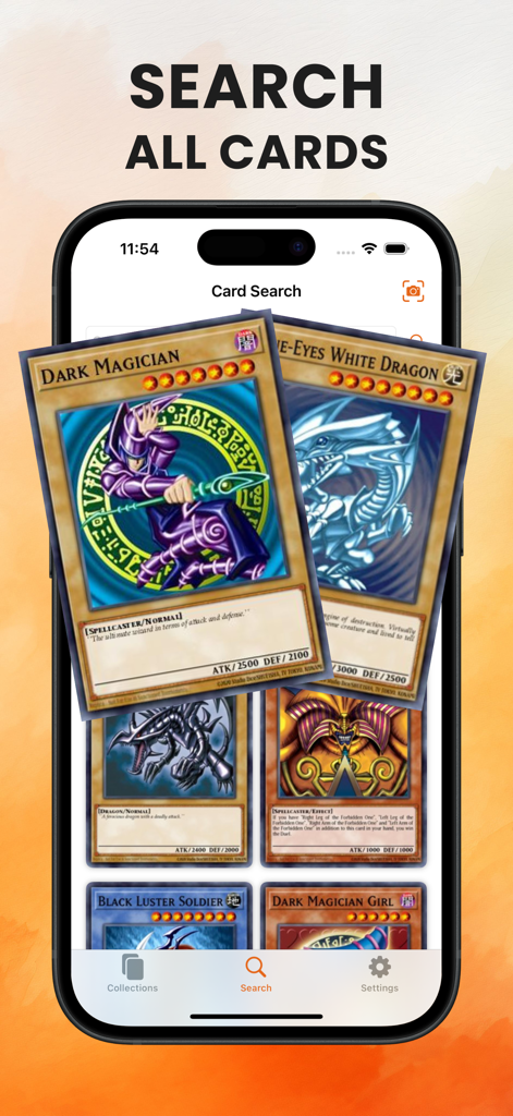 YuGiOh card scanner app search interface displaying iconic cards like Dark Magician and Blue-Eyes White Dragon