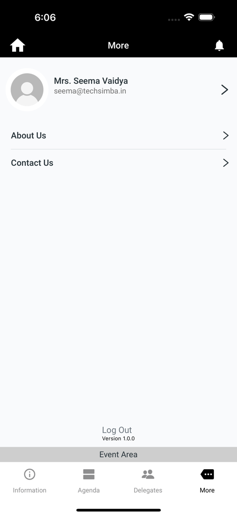 B2B-VLA One2One - User profile and settings screen within the B2B-VLA One2One app showing menu options like About Us and Contact Us