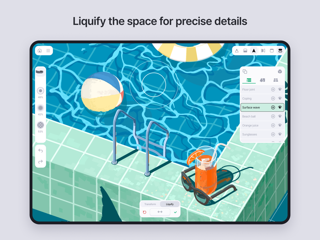 Feather: Draw in 3D - Interface of the Feather 3D drawing app on an iPad showing the liquify tool being used on a swimming pool illustration