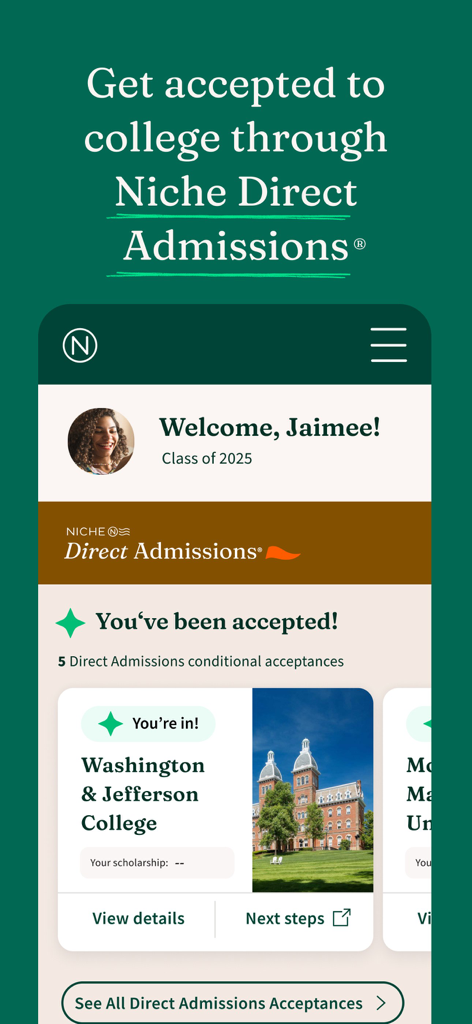 A mobile screen from the Niche app showing a student profile with a college acceptance notification through the Direct Admissions feature.