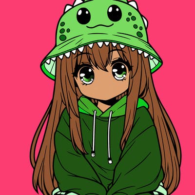 girl with anime shaped eyes with a dinosaur bucket hat oversized sweatshirt long straight hair