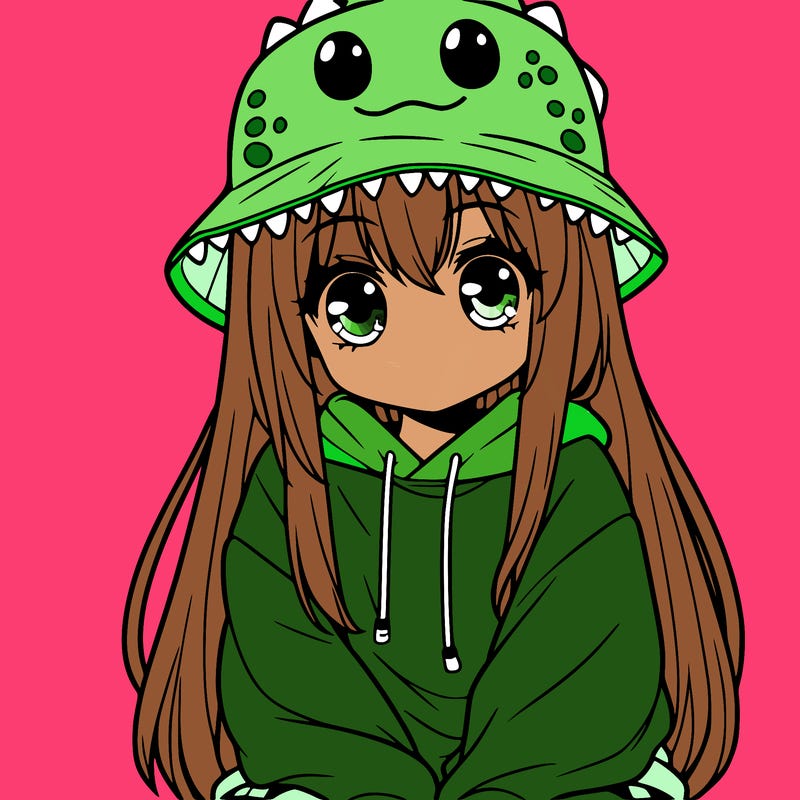 girl with anime shaped eyes with a dinosaur bucket hat oversized sweatshirt long straight hair