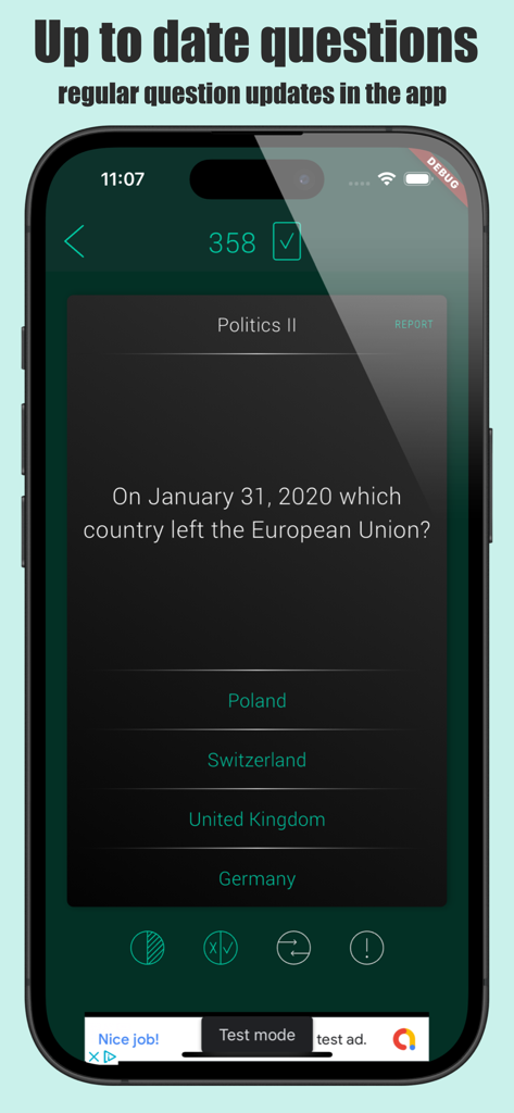 Quizoid: Offline Trivia Quiz - Mobile screenshot of Quizoid trivia app showing a multiple choice question about the European Union.