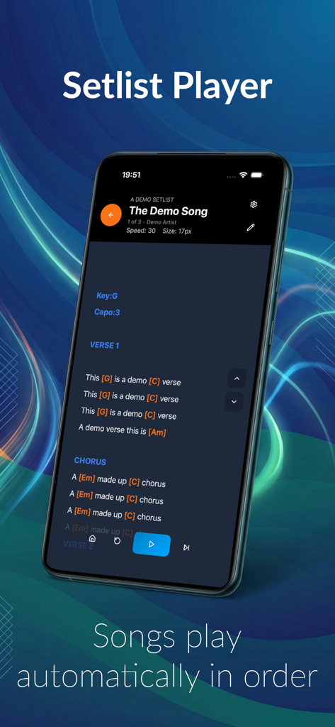 LyricsFlow Pro - LyricsFlow Pro setlist player showing song lyrics and chords on a mobile screen for live performance