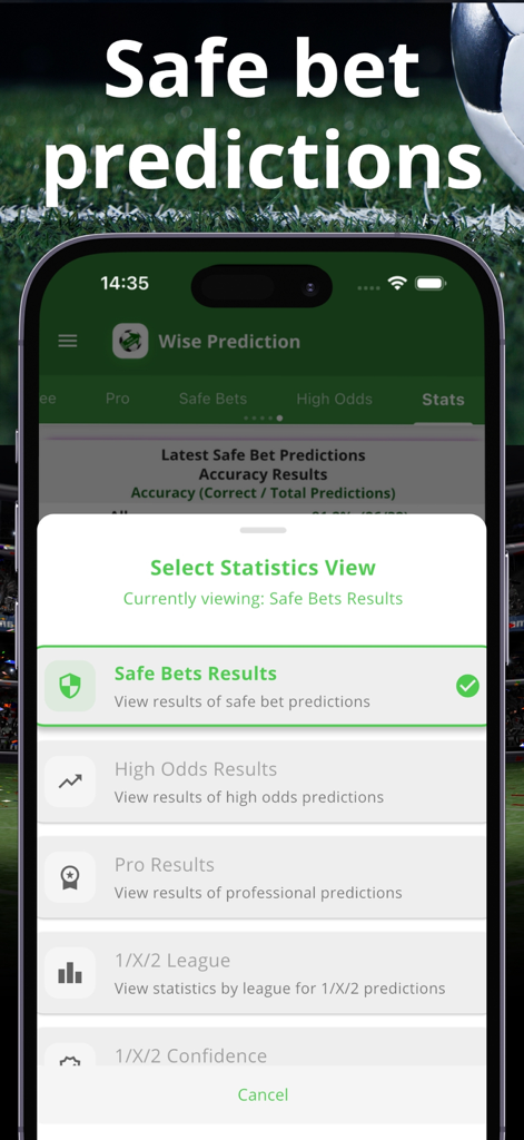 Eine mobile Oberfläche der Wise Prediction App, die Optionen zur Statistikansicht für sichere Wetten und Ergebnisse mit hohen Quoten anzeigt.