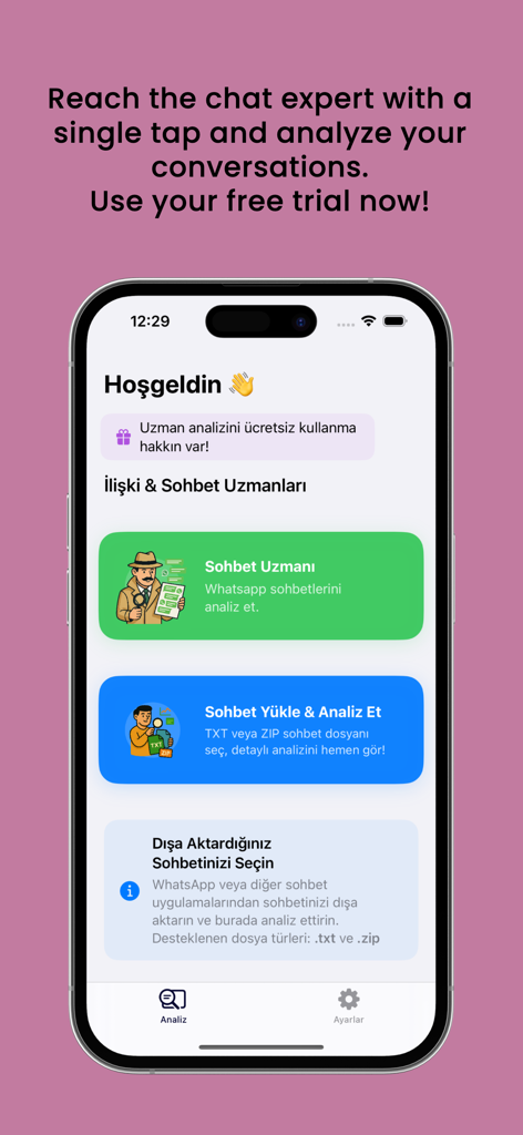 SimLog - Sohbet Analiz - The welcome screen of the SimLog app displaying options to upload and analyze WhatsApp chat conversations