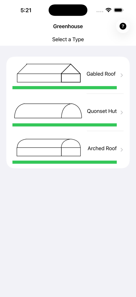Greenhouse Planner - Greenhouse Planner app interface for selecting greenhouse roof types like gabled, quonset hut, and arched roof.