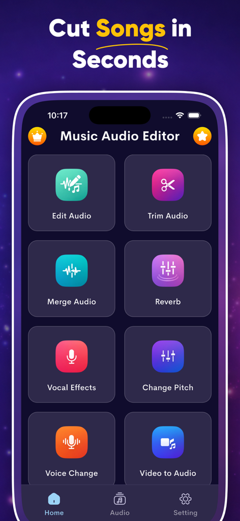 MP3 Cutter & Music Editor - Music audio editor app interface showing tools for cutting songs and adding vocal effects