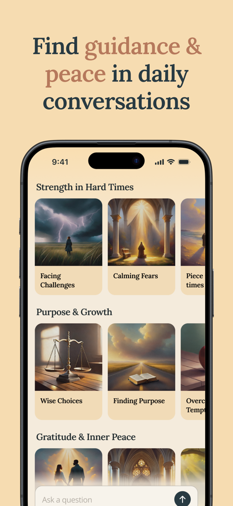 Holy Path: Daily Bible Chat - Tela do aplicativo Holy Path mostrando categorias espirituais como Força em Tempos Difíceis e Propósito e Crescimento para conversas bíblicas diárias