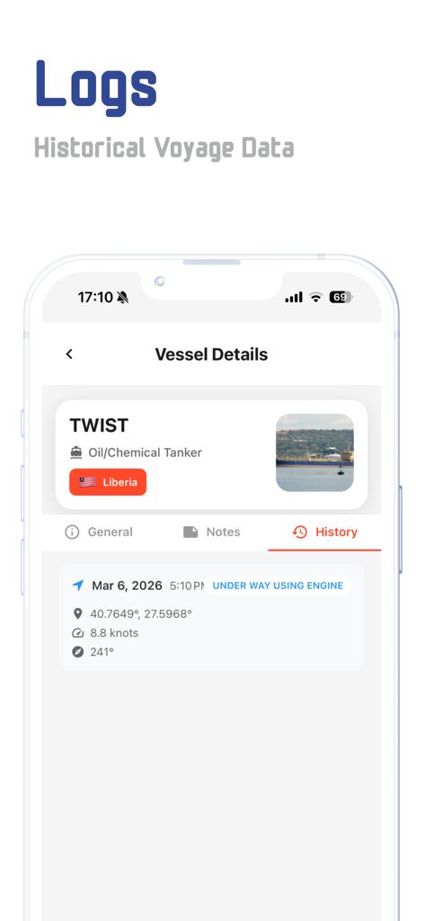 Screenshot der GetMarine App-Oberfläche, der historische Fahrtenschreiber und Schiffdetails für ein Tankerschiff zeigt.