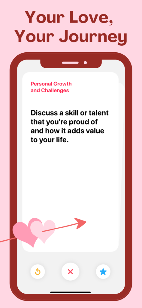 Couple Quiz: Relationship Game - Smartphone screen showing a relationship quiz prompt about personal growth and talents