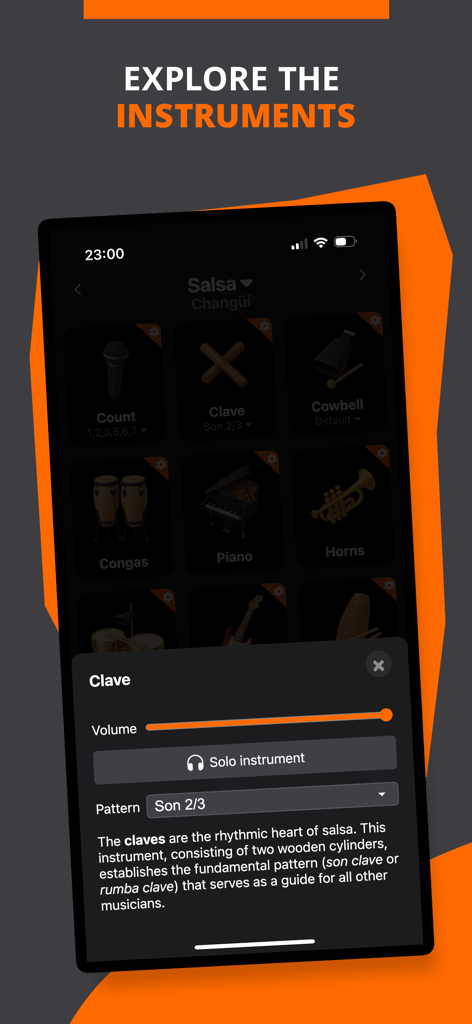 Salsa Rhythms - BeatLab - Mobile app screen showing various salsa instruments and a detailed control panel for adjusting the Clave rhythm and volume