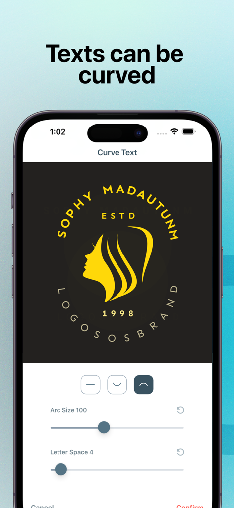 Interfaz de diseño de logo profesional con texto curvo y ajustes de tamaño de arco en una pantalla móvil.