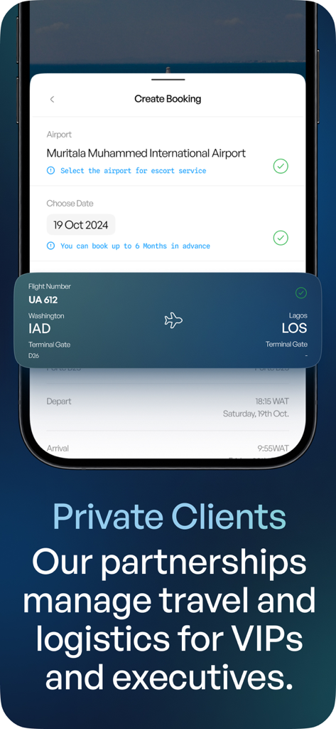 Interface de l'application VOYA pour la réservation de services logistiques de voyage VIP et d'escortes aéroportuaires.