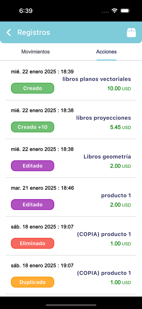 Inventario Facil - Una captura de pantalla del registro de historial de acciones de la aplicación Inventario Fácil mostrando creaciones, ediciones y eliminaciones recientes de productos con precios en USD.