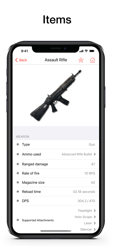Pantalla de la aplicación móvil que muestra estadísticas detalladas de armas para un Rifle de Asalto en ARK Survival Evolved
