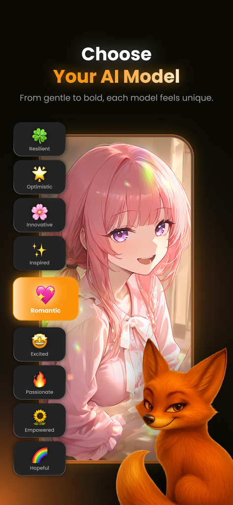 Foxy: 18+ AI Characters & Chat - Interface for choosing different personality traits like romantic or passionate for an anime AI character in the Foxy app