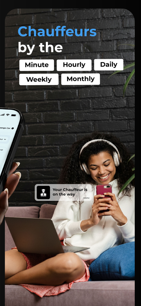 Zofeur - Hire a Safe Driver. - A woman using the Zofeur app to book a personal driver with flexible pricing options