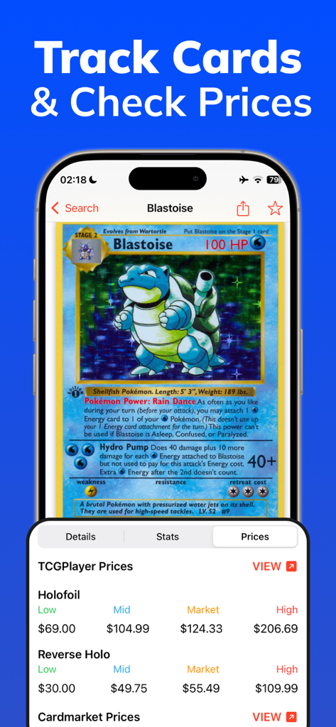 TCG Card Scanner for Pokemon - Pokemon TCG card scanner app displaying market prices for a Blastoise card.