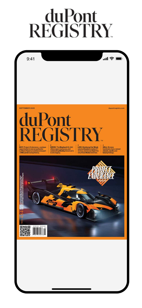 iPhone screen displaying the duPont REGISTRY Magazine app cover featuring an exotic race car