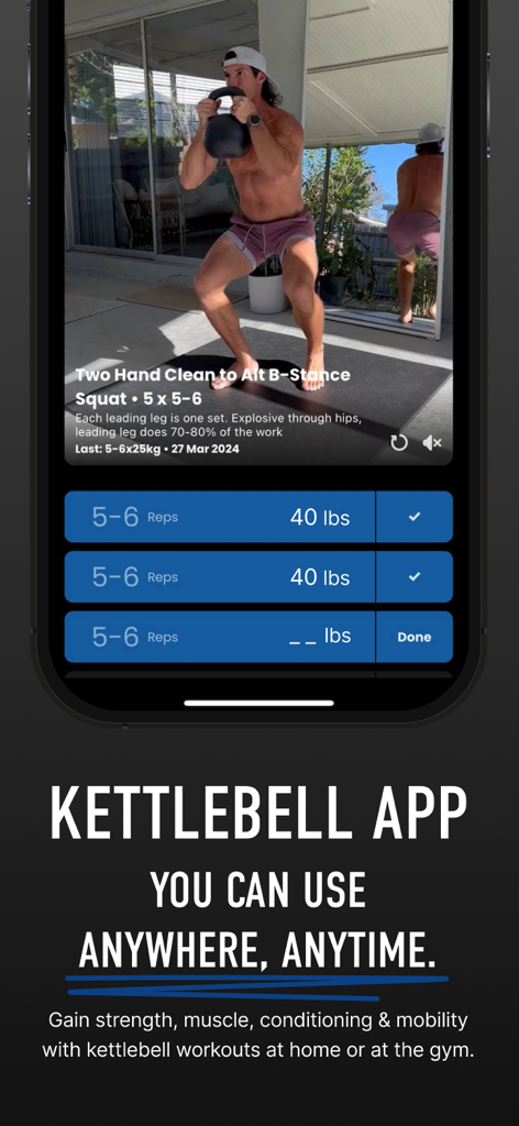 AFFit Kettlebell Workouts - A man performing a kettlebell squat on a mobile app interface showing workout sets and weight tracking