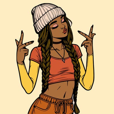 realistic teenage girl with braids and a beanie and crop top doing 🫶🏼