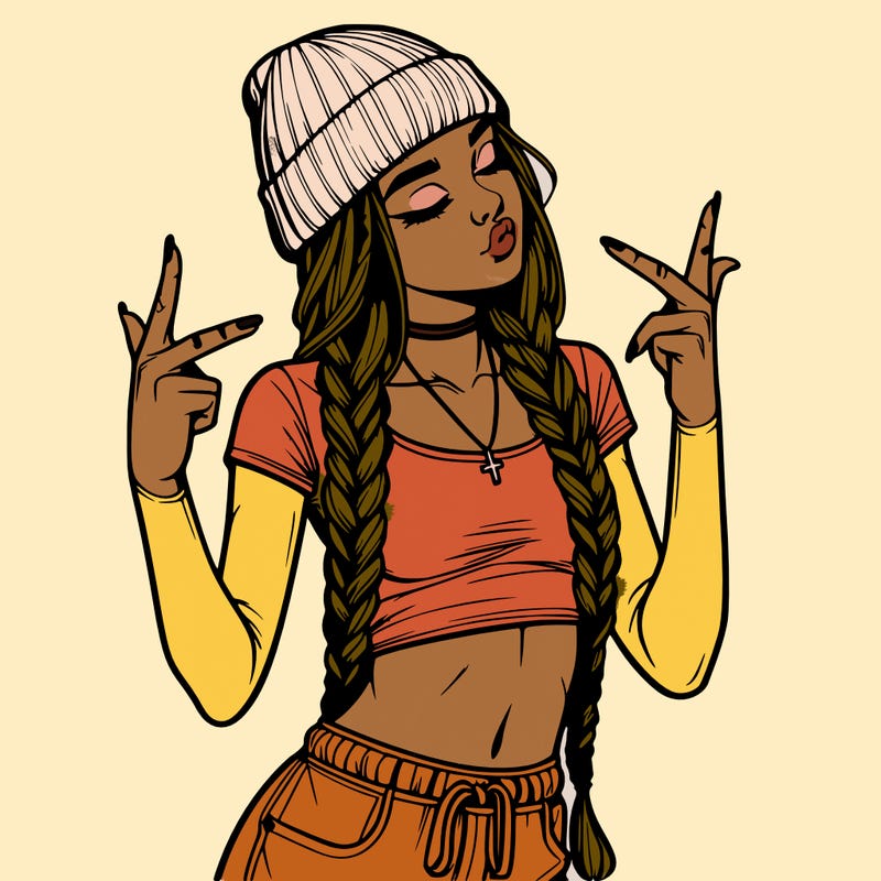 realistic teenage girl with braids and a beanie and crop top doing 🫶🏼