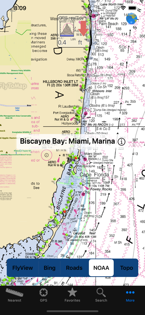 Real Tides & Currents Graph HD - Detailed nautical navigation chart of Biscayne Bay in Miami with tide levels and marine markers.