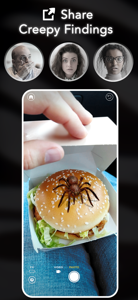 Aranha de RA realista em um hambúrguer para uma pegadinha