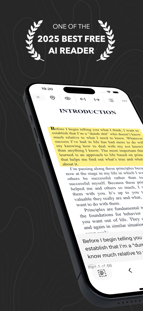 AI Reader: Read Aloud Pdf Book - Interface da aplicação AI Reader a mostrar um livro em PDF a ser lido em voz alta com realce de texto e o selo de melhor leitor de IA gratuito de 2025