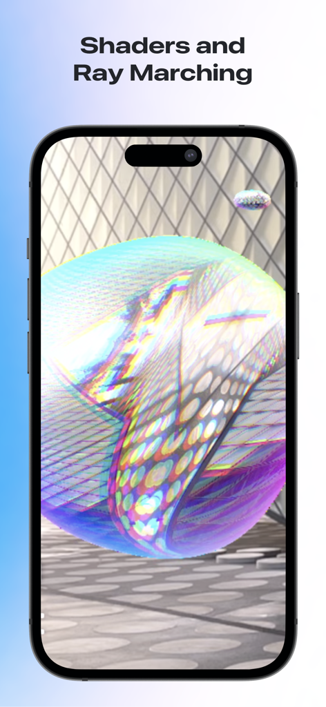 Scenery – Spatial Experiences - Shaders AR de alta fidelidad y efectos de ray marching mostrados en un smartphone.