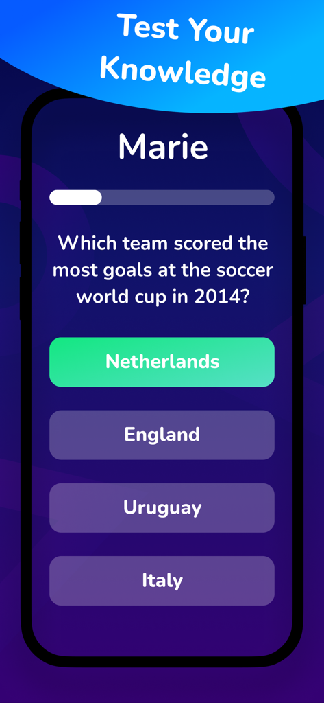 Party Trivia! Group Quiz Game - Mobile screen showing a sports trivia question about the 2014 soccer world cup in the Party Trivia app