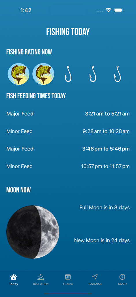 Solunar Best Fishing Time - Écran de l'application Solunar affichant les notes de pêche, les heures d'alimentation et la phase lunaire.