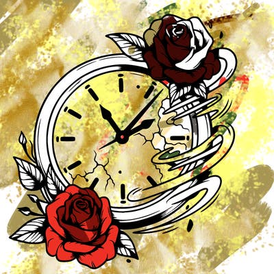 a realistic the clock that appears to be fading away with wilting roses