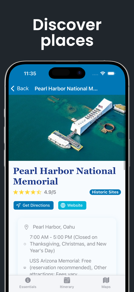 ハワイ旅行アプリにおけるパールハーバー国立記念碑の情報ページ。