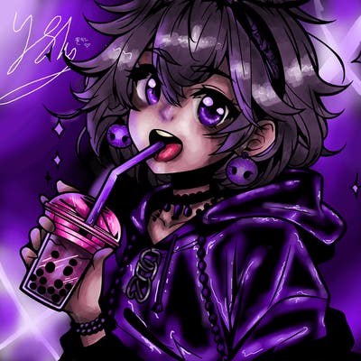 hot baddie anime girl drinking boba and biting the straw