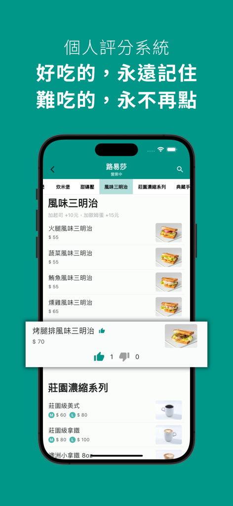 元智美食 - 學餐地圖、菜單一手掌握 - Interfaz de la aplicación móvil YZU Food que muestra el menú de un restaurante con un sistema de calificación personal para artículos de comida como sándwiches y café