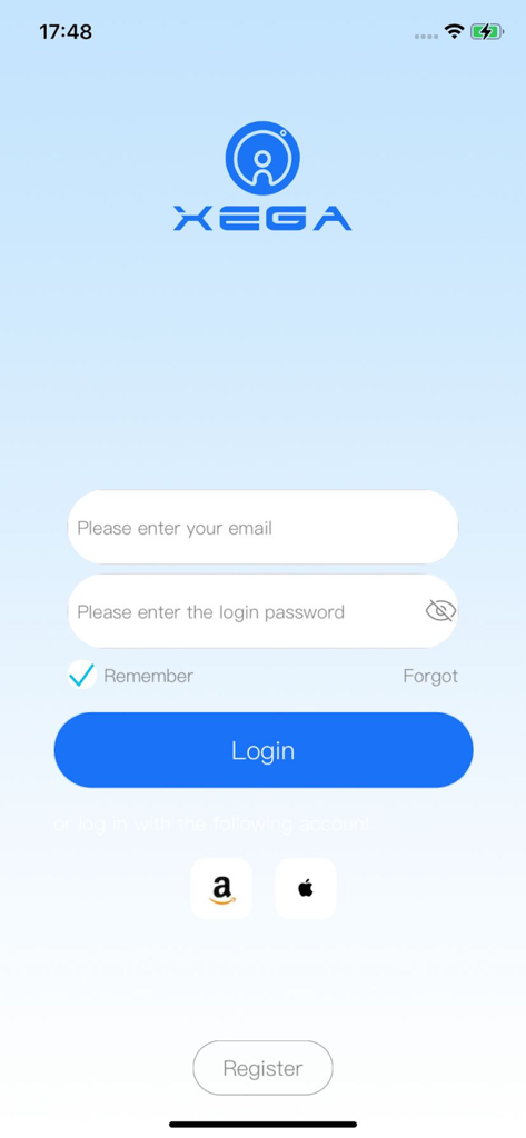Xega - Xega app login screen with email and password fields and social login options for Amazon and Apple