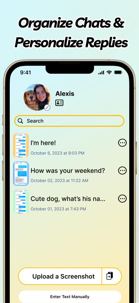 Rizz AI - Dating Wingman Plug - Schermata mobile dell'app Rizz AI che mostra la cronologia delle chat di appuntamenti organizzata con caricamento di screenshot e opzioni di immissione testo manuale.